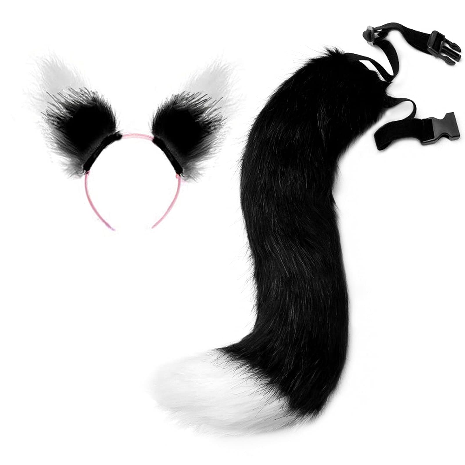 HAOAN Faux Fur Cat Fox Wolf Furry Tail and Clip Ears for Halloween Party Costume Accessories