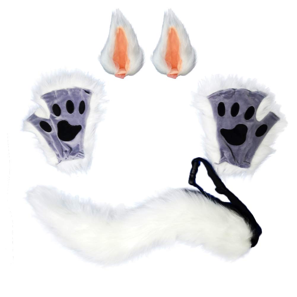 HAOAN Wolf Fox Tail Clip Ears and Gloves Set Halloween Christmas Party Costume for Women